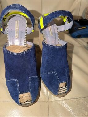 Opening Ceremony Navy Suede Peep-Toe Heels with Neon Yellow Ankle Strap